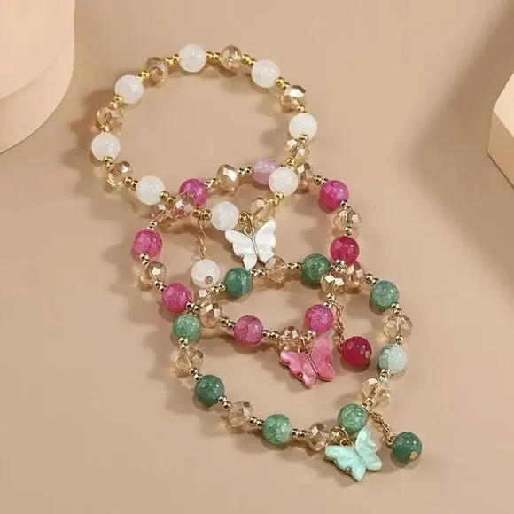 3pcs Elegant Bohemian Glass Bead Bracelet Set w/ Butterfly Charms - Picture 1 of 2
